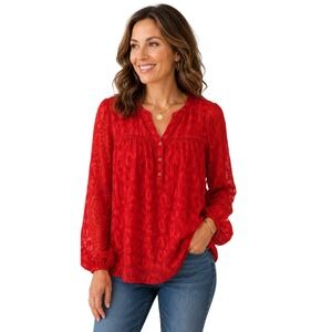 Jodifl Women Red Sheer Flock Textured L Blouse Long Sleeve Lined Boho Tunic Top